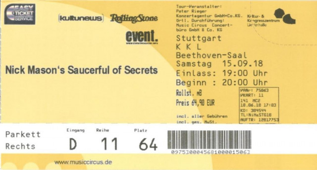 BegleiterIn gesucht für das NICK MASON Konzert in Stuttgart/ Liederhalle (15.09. - Eintrittskarten Tickets - Karlsruhe