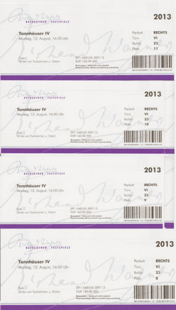 Bayreuther Festspiele Tannhäuser 4 Konzert Karten 12. August 2013 - Eintrittskarten Tickets - Erkelenz