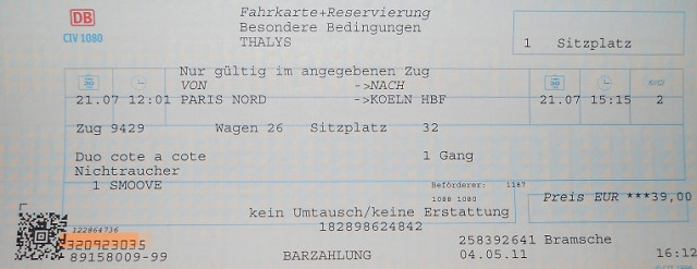 ZUGTICKET von KÖLN nach PARIS am 21.07.11 für 30 € - Eintrittskarten Tickets - Bramsche