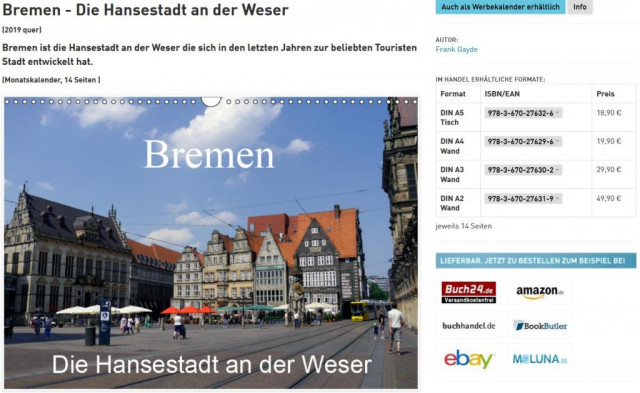 Wandkalender Kalender 2019 Bremen - Die Hansestadt an der Weser - Sonstige Anzeigen - Bremen