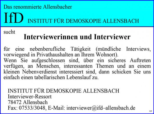 Interviewerinnen und Interviewer in nebenberuflicher Tätigkeit - Stellenmarkt - Allensbach