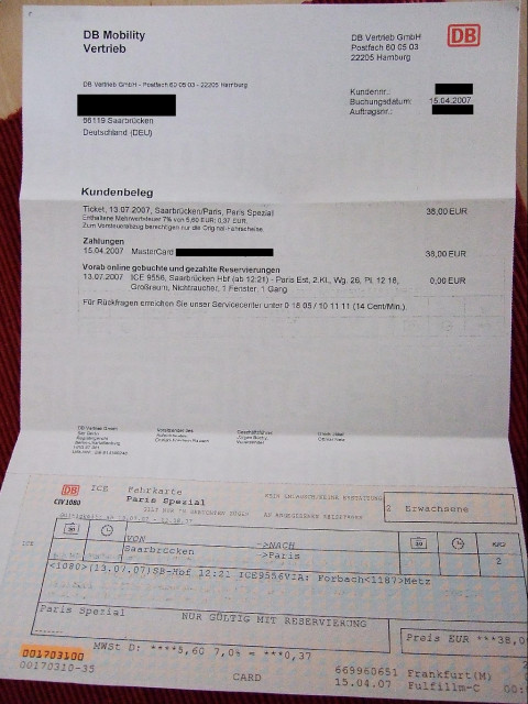 2 Bahntickets Saarbrücken-Paris - Eintrittskarten Tickets - Saarbrücken