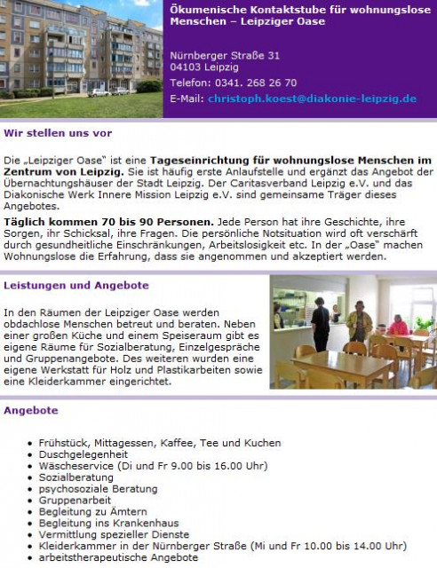 Ökumenische Kontaktstube für wohnungslose Menschen   Leipziger Oase - Promotion Pressemitteilungen - Leipzig