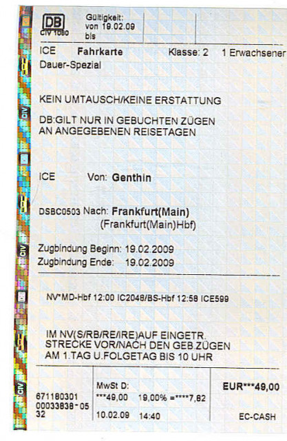 Zugticket Genthin über Magdeburg, Braunschweig  nach Frankfurt/Main - Eintrittskarten Tickets - Genthin