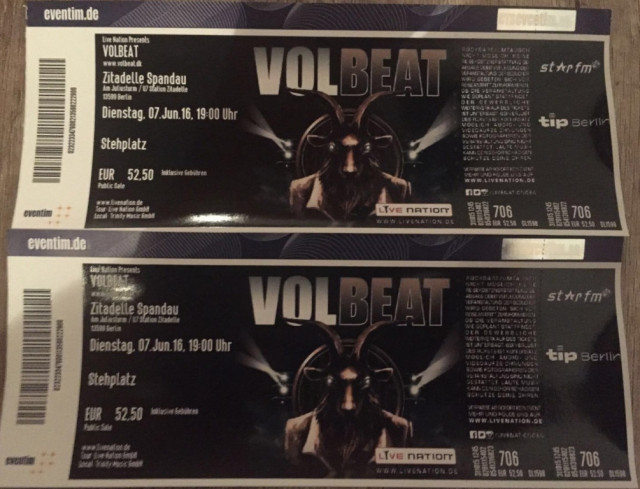 2x Volbeat Berlin Zitadelle 07.06.2016 - Eintrittskarten Tickets - Nürnberg