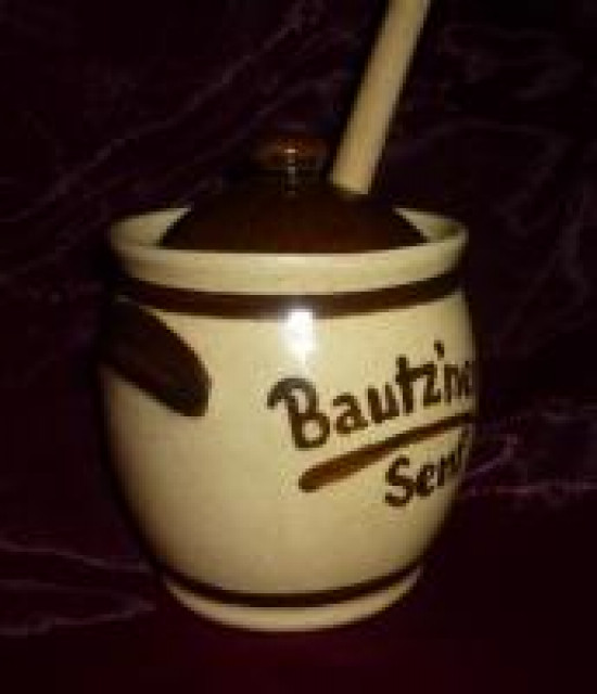 Senftöpfchen beige - Bautzner Senf - incl. Naturholzlöffel - Essen Trinken Genuss - Görlitz